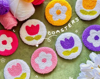 Mug Rug Coaster | Handmade Punch Needle | 4.5 inches | Cottagecore Decor | Round Drink Mat | Cute Coaster Set | Tufted Floral Coasters
