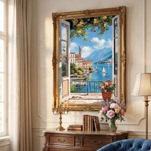 Fenêtre ouverte sur la côte, imprimable, peinture italienne bord de mer, cadeau déco de chalet rustique, art mural fenêtre côtière, décoration murale côtière pittoresque