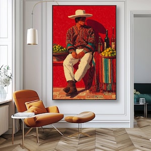 May include: A framed painting shows a man in a white hat and traditional attire, seated against a red wall. The artwork features a table with fruit and bottles, and a colourful textile. The style is reminiscent of a vintage travel poster.