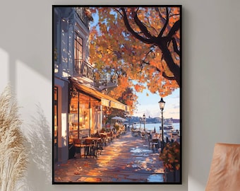 Autumn Coffee Shop Print, Moody Bookstore Art, Cozy Cafe Fall Printable Art, Thanksgiving Decor, Book Lover, Dark Aesthetic Art