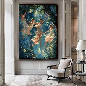 Dancing Forest Fairies Digital Art, Fantasy Wall Decor, Magical Creatures Poster, Mystical Fairy Scene, Woodland Fairies Painting