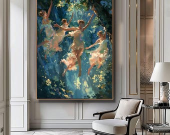 Dancing Forest Fairies Digital Art, Fantasy Wall Decor, Magical Creatures Poster, Mystical Fairy Scene, Woodland Fairies Painting