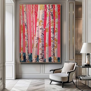 Abstrakte Birken Baum digitale Kunst, moderne Natur druckbare Wanddekoration, minimale Wald Kunstwerk, sofortiger Download, skandinavischer Stil