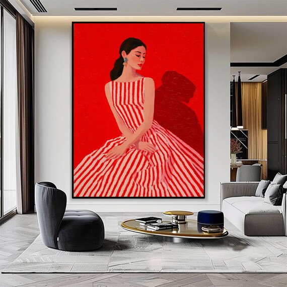 赤い抽象的な女性の絵画、モダンな赤い壁アート、ミニマリストの女性の
