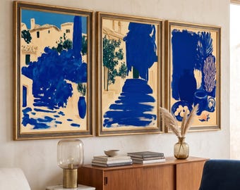 Royal Blue Mediterranean Art Set of 3, Mid Century Modern Abstract Italy Village Poster, Ultramarine Still Life Print, Cream Navy Decor