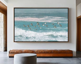 Abstract Seascape Painting, Horizontal Birds Printable Wall Art, Flying Birds Art Poster, Scandinavian Home Decor, Minimalist Print Art