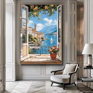 Imprimible con vista costera desde una ventana abierta, cuadro italiano con vistas al mar, decoración rústica de cabaña, arte de pared con ventana costera, decoración de pared costera escénica
