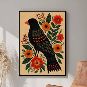 Norwegian Folk Art, Scandinavian Art, Norway Folk Art, Botanical Wall Art, Digital Download, Nordic Minimalist Floral Illustration