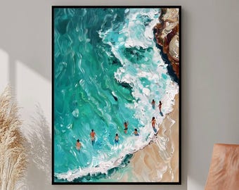 People Swimming in Ocean Painting, Beach Scene Print, Summer Poster, Beach House Decor, Minimalist Printable Wall Art, Vacation Decor
