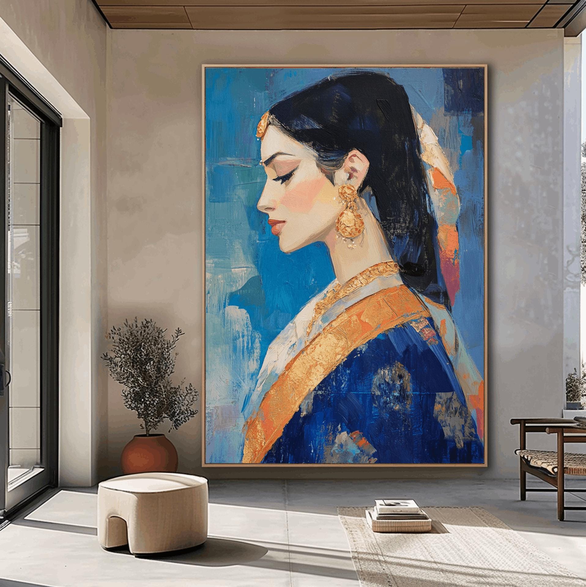インド人女性のアートプリント、抽象的な女性の顔のウォールアート