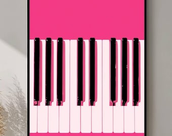 Könnte beinhalten: Gerahmter Kunstdruck mit einem stilisierten Klaviertastenfeld. Das Kunstwerk hat einen leuchtend rosa Hintergrund mit einem kontrastierenden schwarz-weißen Tasten-Design. Die Tasten sind horizontal angeordnet und erzeugen eine moderne und auffällige Ästhetik.