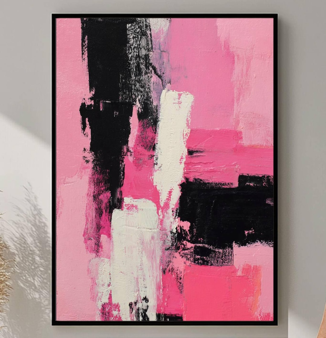 Pink and Black Abstract Wall Art, Modern Minimalist Painting, Bold ...