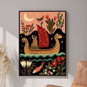 Norwegian Folk Art, Scandinavian Art, Norway Folk Art, Botanical Wall Art, Digital Download, Nordic Minimalist Floral Illustration