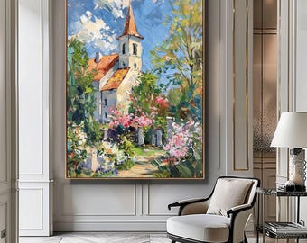 Vintage Old Church Painting, Rustic Chapel Wall Decor, Rural Landscape Poster, Peaceful Countryside Scene, Printable Spiritual Artwork