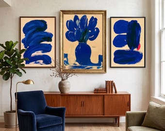 Royal Blue Abstract Art Set of 3, Mid Century Modern Minimalist Gallery Wall, Ultramarine Floral Vase Poster, Beige Navy Digital Print