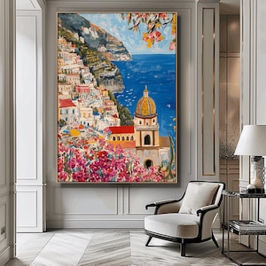 Amalfi Coast Painting, Positano Poster, Italy Artwork, Mediterranean Print, Italian Seaside Wall Art, Riviera Wall Decor, Home Decor