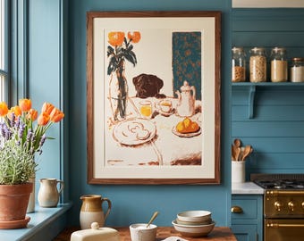 Dog Kitchen Print, Abstract Coffee Wall Art, Funny Diner Decor, Instant Download, Cute Morning Kitchen Art, Whimsical Dog Illustration