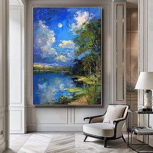 Moonlight Over Lake Art Print, Serene Full Moon Reflection on Water, Tranquil Coastal Digital Print, Full Moon Over Lake, Digital Download