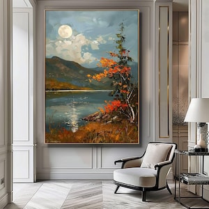 Moonlight Over Lake Art Print, Serene Full Moon Reflection on Water, Tranquil Coastal Digital Print, Full Moon Over Lake, Digital Download