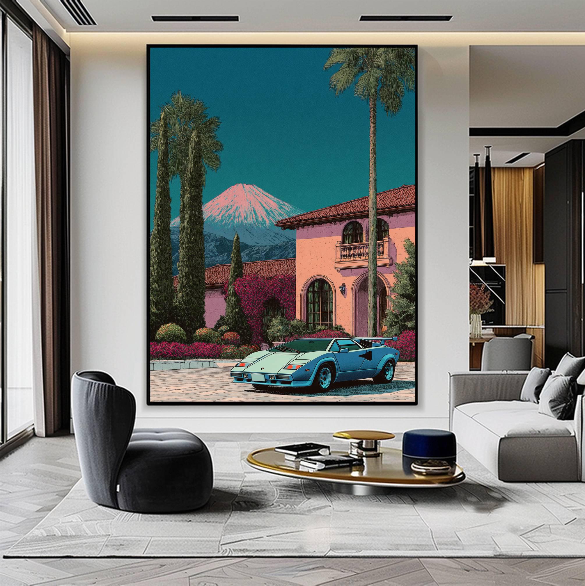 Palm Springs Retro Car Wall Art, Mid-century Modern Tropical