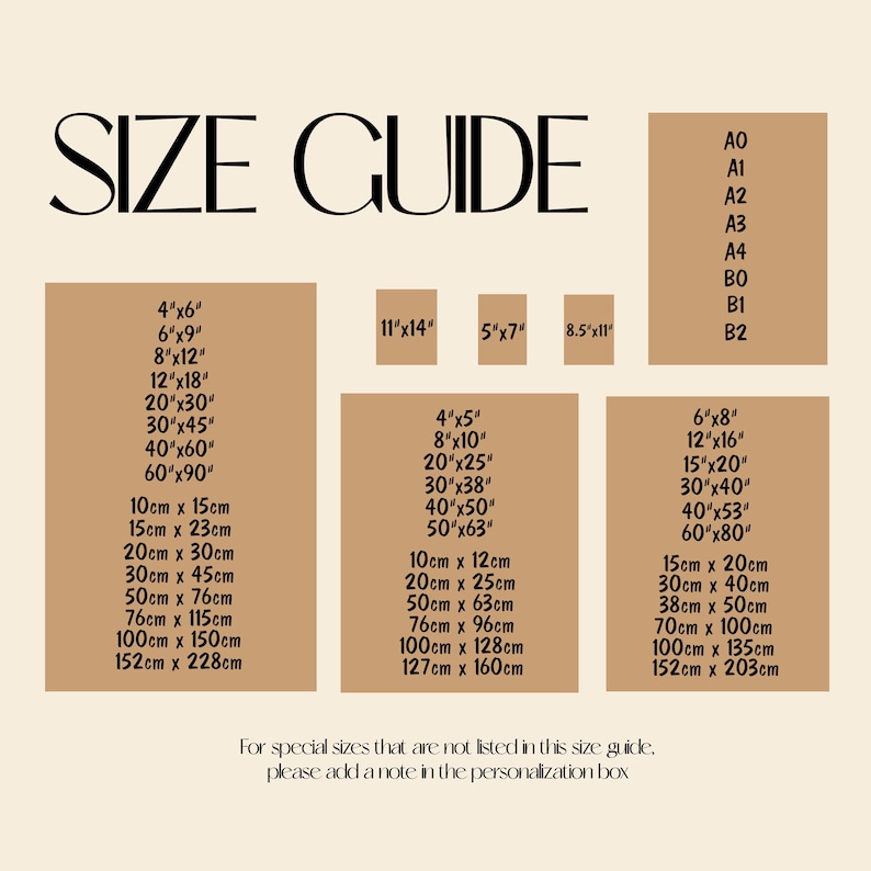 Op de afbeelding: Een maattabel met afmetingen in inches en centimeters. De gids bevat maten zoals 4"x6", 8"x12", 20"x30", en hun metrische equivalenten. De tekst "SIZE GUIDE" staat bovenaan.