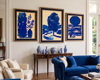Royal Blue Abstract Art Set of 3, Mid Century Modern Minimalist Gallery Wall, Ultramarine Landscape Vase Poster, Beige Navy Digital Print