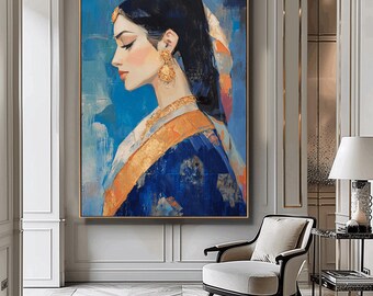 インド人女性のアートプリント、抽象的な女性の顔のウォールアート