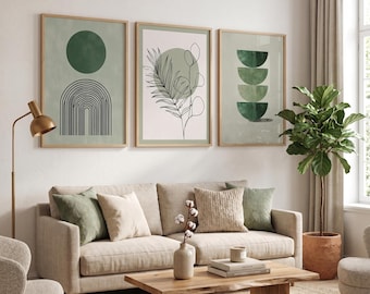 Conjunto de 3 láminas de arte botánico verde salvia, póster geométrico minimalista estilo boho, decoración abstracta de pared con plantas, paquete de galería para pared (descarga digital)