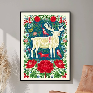 Norwegian Folk Art, Scandinavian Art, Norway Folk Art, Botanical Wall Art, Digital Download, Nordic Minimalist Floral Illustration