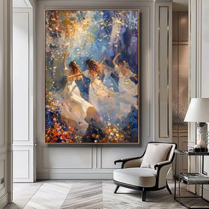 Dancing Forest Fairies Digital Art, Fantasy Wall Decor, Magical Creatures Poster, Mystical Fairy Scene, Woodland Fairies Painting