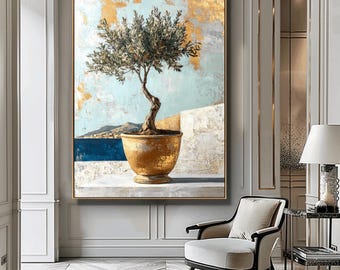 Olive Tree Painting, Golden Print, Vintage Art Print, Digital Download, Greenery Home Decor, Farmhouse Tree Art, Boho Nature Decor,
