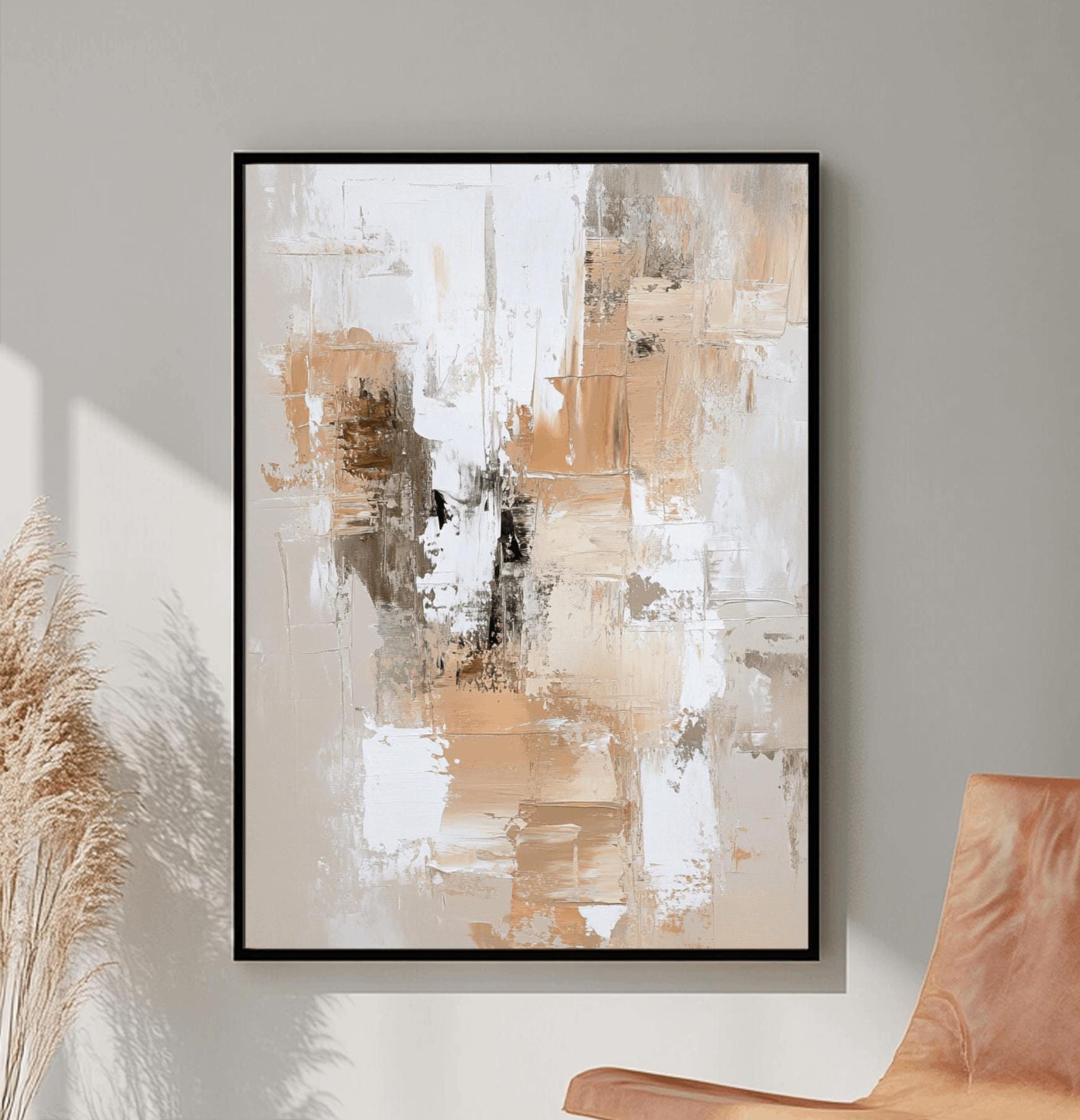 Tableau Abstrait Beige Toile – Déco Murale Scandinave Bohème – Sans Cadre – T10281