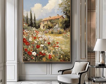 Flowers Garden Painting, Impressionist Landscape, Countryside Summer Print, Vintage Spring Cottage Wall Art, Floral Farmhouse Wall Decor