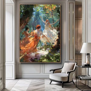 Dancing Forest Fairies Digital Art, Fantasy Wall Decor, Magical Creatures Poster, Mystical Fairy Scene, Woodland Fairies Painting