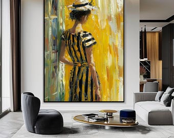 絵画　黄いかべ　アート 黄色の抽象的な女性の絵画、モダンな黄色の壁アート、ミニマリストの