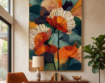 Arte de parede botânica abstrata, impressão de pintura floral em tons de ocre e azul-petróleo, estilo meados do século XX, decoração moderna boho para casa, download digital.