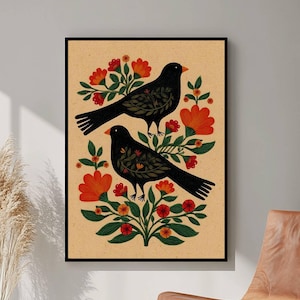 Norwegian Folk Art, Scandinavian Art, Norway Folk Art, Botanical Wall Art, Digital Download, Nordic Minimalist Floral Illustration