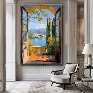 May include: Oil painting depicting an open window with a view of a lake and mountains. The artwork showcases a blue lake, snow-covered peaks, and verdant foliage. The window frame is brown, and the sky is a clear blue.