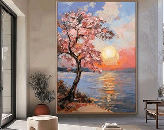 Pink Sunset Wall Art, Sunset Painting,  Colorful Ocean Wall Art, Beachy Wall Art,  Soft Sunset Landscape, Digital Download, Serene Sky Art
