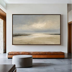 Abstract Beige Seascape Painting, Printable Wall Art, Muted Coastal Beach, Neutral Beach Painting, Soft Blue Tone Landscape Digital Download