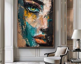 Abstract paletmes portret vrouw, groenblauw oog getextureerde kunst aan de muur, moderne Impasto schminken, digitale download poster