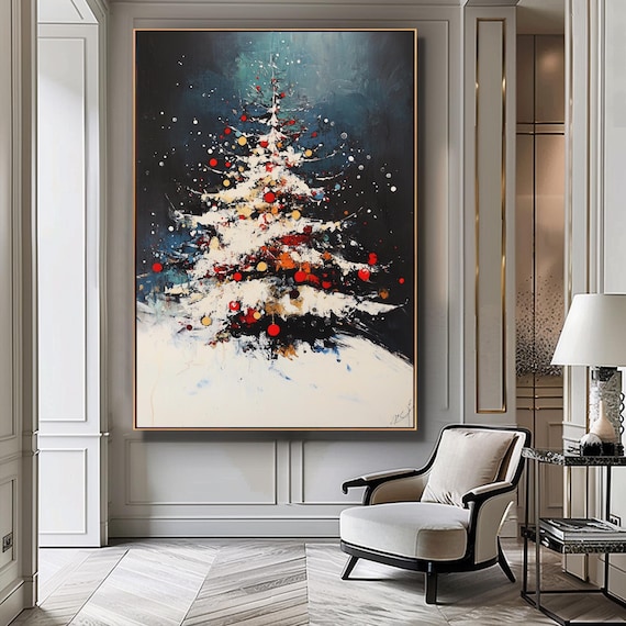 クリスマスツリー 絵 壁絵 インテリア 抽象的なクリスマスツリーの絵画、抽象的な冬の部屋の装飾、カラフルな