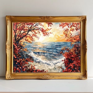 Autumn By The Sea Autumn Landscape Painting Fall Home Decor Autumn Colors Autumn Decor Rustic Fall Decor Moody Wall Art Forest Wall Art