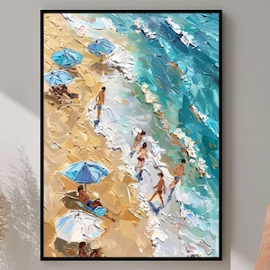 People Swimming in Ocean Painting, Beach Scene Print, Summer Poster, Beach House Decor, Minimalist Printable Wall Art, Vacation Decor