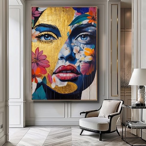 Schöne Frau, abstrakte Kunst mit Blumen, Floral Poster, druckbare digitale Tapete, Frau Blumenkunst, schöne abstrakte weibliche Malerei