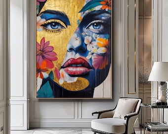 Hermosa mujer, arte abstracto con flores, póster floral, fondo de pantalla digital imprimible, arte floral femenino, hermosa pintura abstracta femenina