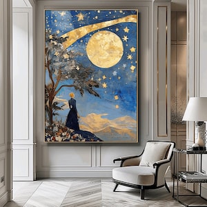 Vintage Star Gazing, Night Cloudy Landscape, Night Wall Art, Printable Wall Art, Abstract Landscape At Night, Celestial Moon Print
