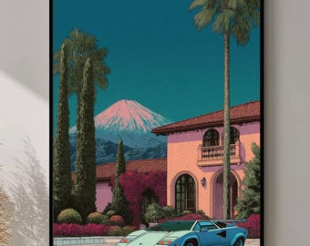 Palm Springs Retro Car Wall Art, Mid-century Modern Tropical