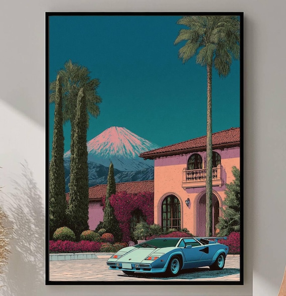 Palm Springs Retro Car Wall Art, Mid-century Modern Tropical