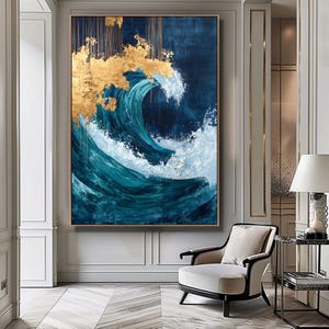 May include: Abstract painting of a large blue wave crashing with white foam, accented with gold leaf. The wave is set against a dark blue background.